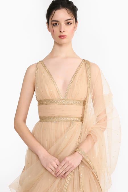 Buy_Gauri & Nainika_Peach Tulle Sequins, Piping V-neck Venus Anarkali With Churidar _Online_at_Aza_Fashions