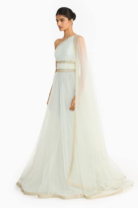 Gauri & Nainika_Green Tulle Sequins, Zari One Shoulder Gaia Anarkali With Churidar _Online_at_Aza_Fashions