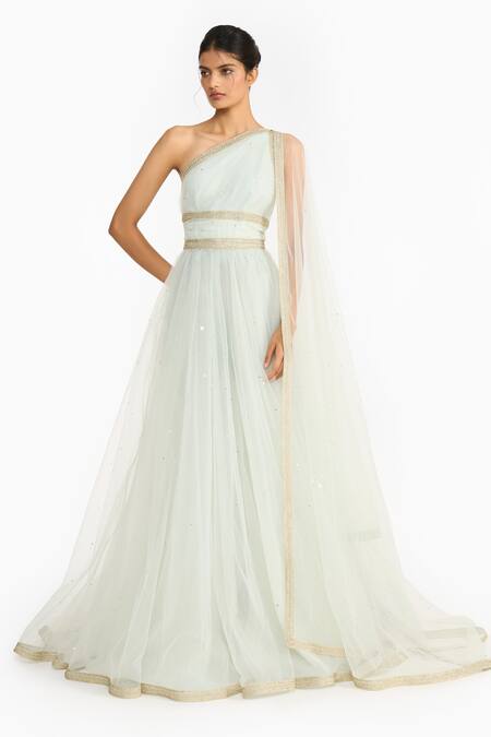 Buy_Gauri & Nainika_Green Tulle Sequins, Zari One Shoulder Gaia Anarkali With Churidar _Online_at_Aza_Fashions