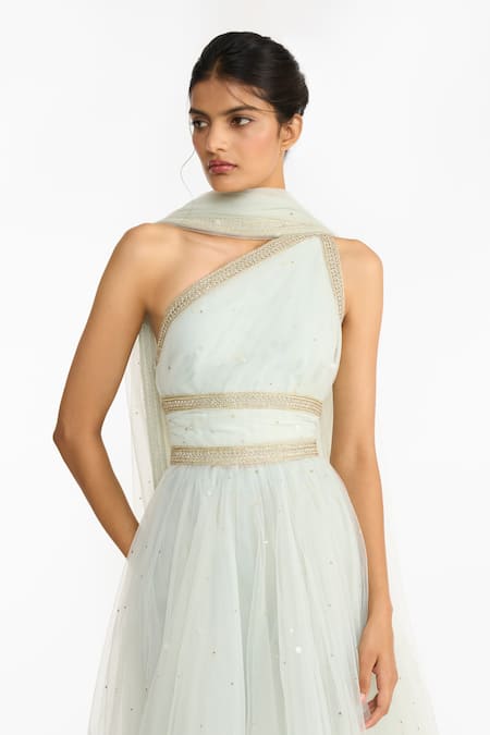 Shop_Gauri & Nainika_Green Tulle Sequins, Zari One Shoulder Gaia Anarkali With Churidar _Online_at_Aza_Fashions