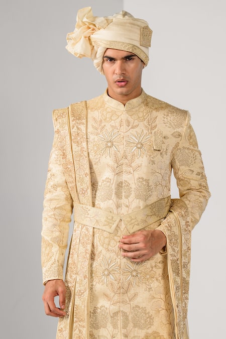 Shop_Kalpana Naik_Beige Linen, Satin, Bemberg, Silk Blossom Floral Elegance Sherwani Set _Online_at_Aza_Fashions