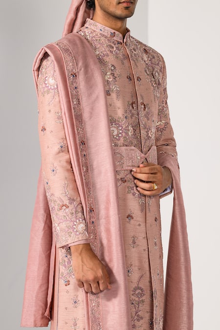 Kalpana Naik_Rose Gold Bemberg, Silk Embroidery, Maharaja Splendor Elegance Sherwani Set _at_Aza_Fashions