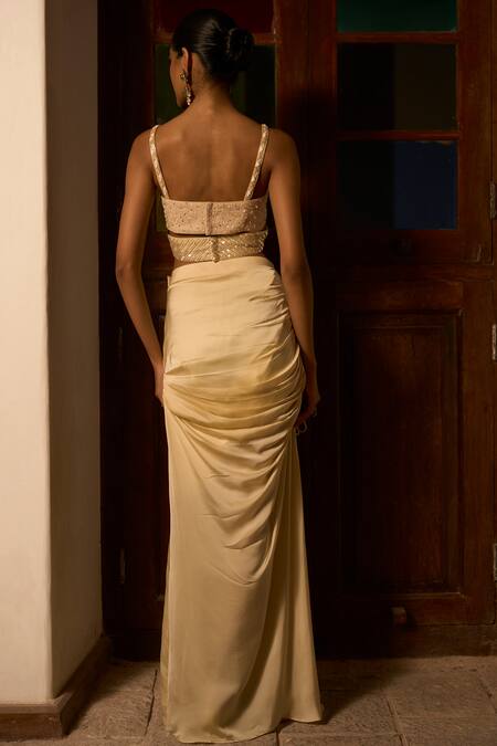 Saangi_Ivory Viscose, Satin Sequins, Beads, Butterfly Handwork Blouse With Draped Skirt _at_Aza_Fashions