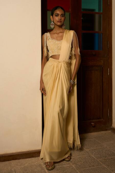 Buy_Saangi_Ivory Viscose, Satin Pearls, Sequins, Beads, Pre-draped Saree Skirt With Blouse _Online_at_Aza_Fashions