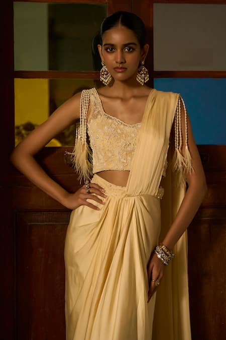 Shop_Saangi_Ivory Viscose, Satin Pearls, Sequins, Beads, Pre-draped Saree Skirt With Blouse _Online_at_Aza_Fashions