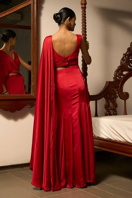 Buy_Saangi_Red Modal, Satin Sequins, Knotted Draped Saree Skirt With Embellished Blouse _Online_at_Aza_Fashions