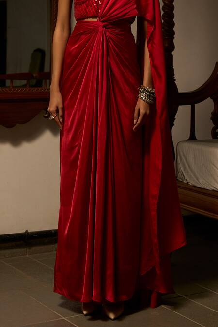 Buy_Saangi_Red Modal, Satin Sequins, Knotted Draped Saree Skirt With Embellished Blouse 