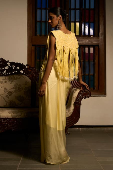 Saangi Lemon Mist Cowl Draped Skirt Cape Co-ord Set 