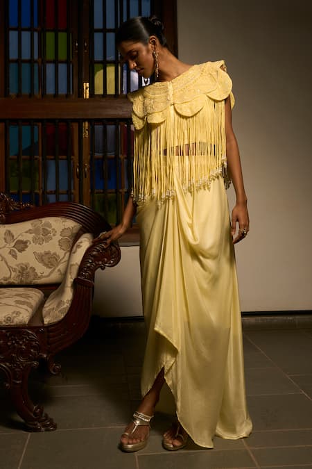 Buy_Saangi_Yellow Satin, Modal Sequins Round Lemon Mist Cowl Draped Skirt Cape Co-ord Set _Online_at_Aza_Fashions