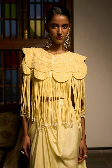 Shop_Saangi_Yellow Satin, Modal Sequins Round Lemon Mist Cowl Draped Skirt Cape Co-ord Set _Online_at_Aza_Fashions