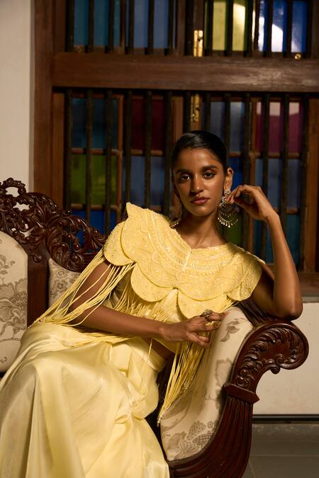 Saangi_Yellow Satin, Modal Sequins Round Lemon Mist Cowl Draped Skirt Cape Co-ord Set _at_Aza_Fashions