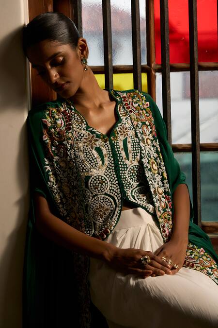 Buy_Saangi_Emerald Green Viscose, Crepe Embroidery, Beads, Whispers Shrug And Skirt Set _Online_at_Aza_Fashions