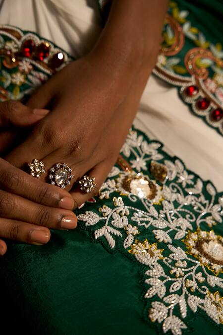 Shop_Saangi_Emerald Green Viscose, Crepe Embroidery, Beads, Whispers Shrug And Skirt Set _Online_at_Aza_Fashions