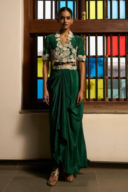 Buy_Saangi_Green Viscose, Crepe Embroidery, Beads, Poise Jacket And Draped Cowl Skirt Set _Online_at_Aza_Fashions