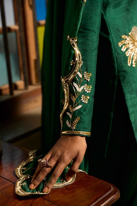 Buy_Saangi_Emerald Green Satin Embroidery, Sequins, Beads, Zari Golden Meadow Kurta Set _Online_at_Aza_Fashions
