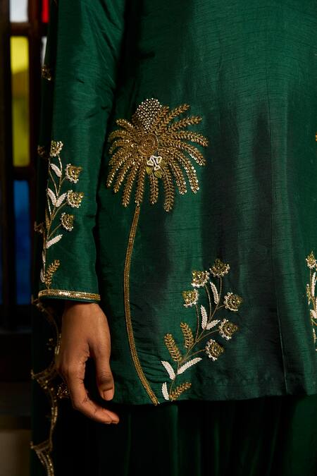 Saangi_Emerald Green Satin Embroidery, Sequins, Beads, Zari Golden Meadow Kurta Set _at_Aza_Fashions