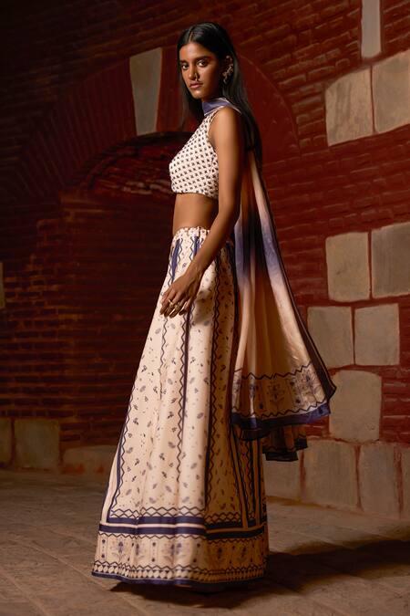 Shop_Saangi_Ivory Viscose, Satin, Organza Embroidery, Beads Indigo Whisper Kali Lehenga Set _Online_at_Aza_Fashions