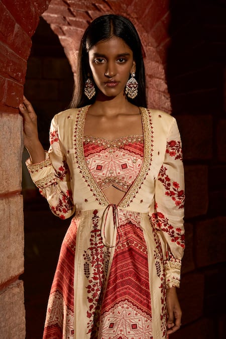 Buy_Saangi_Ivory Bemberg, Satin Embroidery, Beads V-neck, Mehr Rang Jacket Pant Set _Online_at_Aza_Fashions