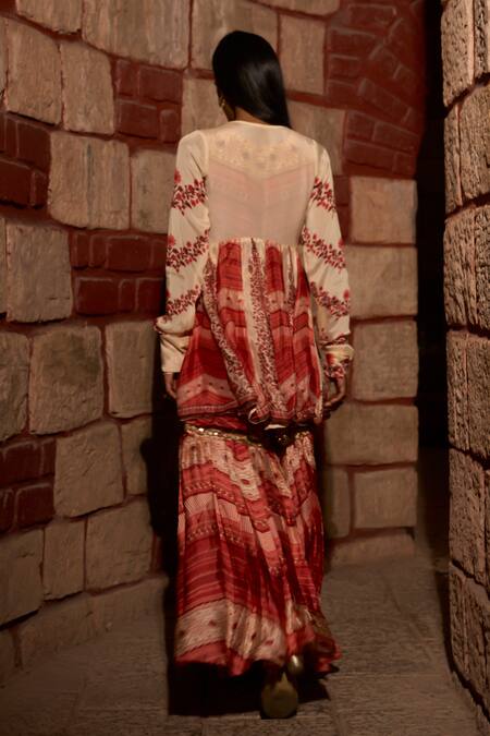 Buy_Saangi_Ivory Viscose Chinon Chiffon, Satin, Mehr Rang Printed Peplum Sharara Set _Online_at_Aza_Fashions