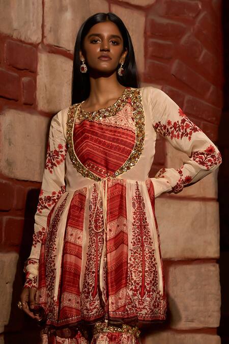 Saangi_Ivory Viscose Chinon Chiffon, Satin, Mehr Rang Printed Peplum Sharara Set _at_Aza_Fashions