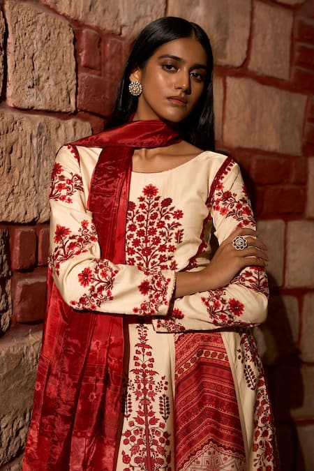 Shop_Saangi_Ivory Satin, Silk, Organza Embroidery, Mehr Rang Printed Anarkali With Dupatta _Online_at_Aza_Fashions
