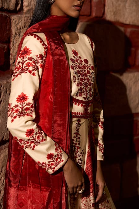 Saangi_Ivory Satin, Silk, Organza Embroidery, Mehr Rang Printed Anarkali With Dupatta _at_Aza_Fashions