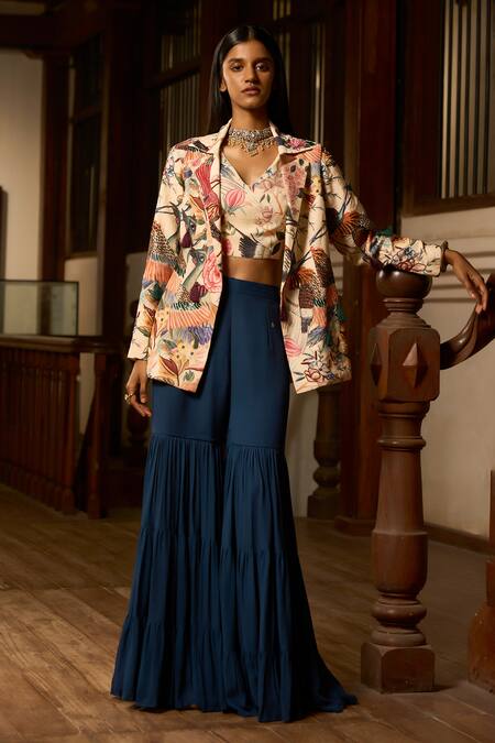 Shop_Saangi_Cream Viscose, Crepe, Georgette Dior Charm Handcrafted Jacket Sharara Set _Online_at_Aza_Fashions