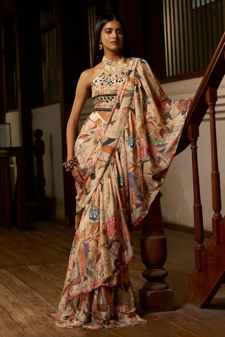Saangi Dior Wilderness Nature Ruffle Pre-Draped Saree Set 