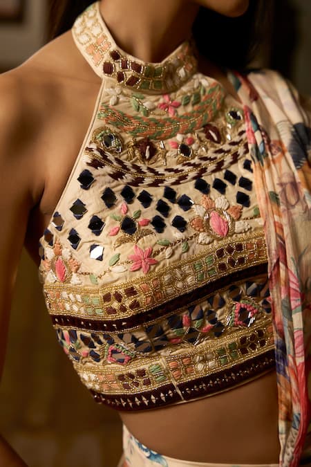 Shop_Saangi_Beige Viscose, Chinon Dior Wilderness Nature Ruffle Pre-draped Saree Set _Online_at_Aza_Fashions