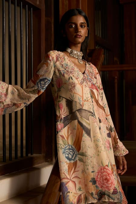 Buy_Saangi_Cream Viscose Chinon Chiffon Dior Harmony Hand Work Kurta And Pant Co-ord Set _Online_at_Aza_Fashions