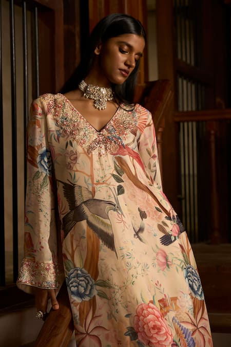 Saangi_Cream Viscose Chinon Chiffon Dior Harmony Hand Work Kurta And Pant Co-ord Set _at_Aza_Fashions