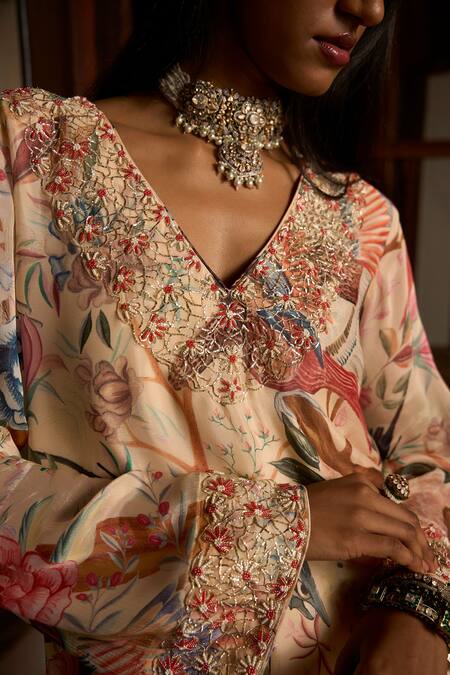 Shop_Saangi_Cream Viscose Chinon Chiffon Dior Harmony Hand Work Kurta And Pant Co-ord Set 