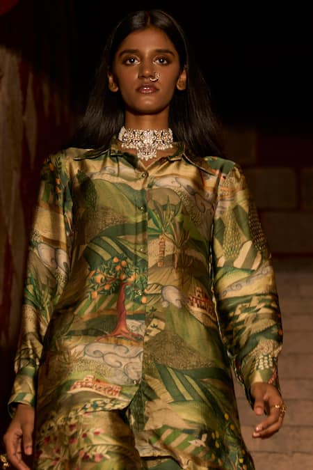Buy_Saangi_Green Bemberg, Satin Whispers Of The Wild Jungle Print Pant Co-ord Set _Online_at_Aza_Fashions