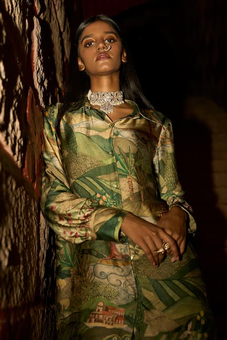 Saangi_Green Bemberg, Satin Whispers Of The Wild Jungle Print Pant Co-ord Set _at_Aza_Fashions