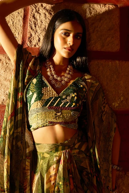Saangi_Green Chinon, Silk Beads, Stones Enchanted Canopy Jungle Print Cowl Skirt Set _at_Aza_Fashions