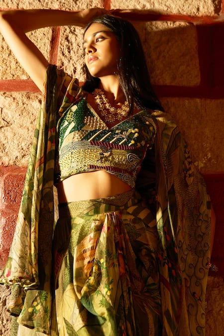 Buy_Saangi_Green Chinon, Silk Beads, Stones Enchanted Canopy Jungle Print Cowl Skirt Set 