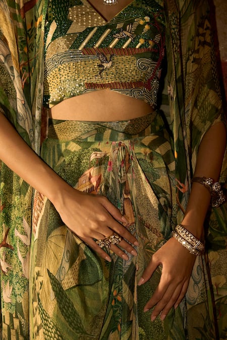 Shop_Saangi_Green Chinon, Silk Beads, Stones Enchanted Canopy Jungle Print Cowl Skirt Set 