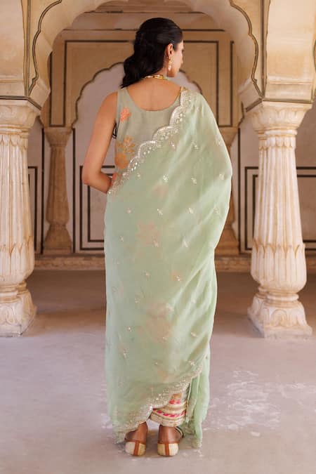 Shop_Bannhi By Priyanka Rathore_Green Tissue, Georgette Lace, Floral Printed Kurta Set With Embroidered Dupatta _at_Aza_Fashions