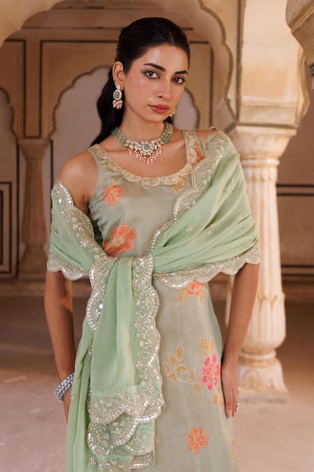 Bannhi By Priyanka Rathore_Green Tissue, Georgette Lace, Floral Printed Kurta Set With Embroidered Dupatta _Online_at_Aza_Fashions