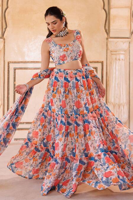 Buy_Bannhi By Priyanka Rathore_Beige Georgette Embroidery, Sequins, Floral Printed Lehenga Set With Blouse _Online_at_Aza_Fashions