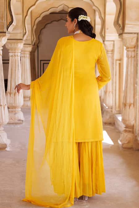 Shop_Bannhi By Priyanka Rathore_Yellow Silk, Chiffon Beads, Lace, Hand Embroidered Kurta Sharara And Dupatta Set _at_Aza_Fashions