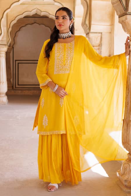 Bannhi By Priyanka Rathore_Yellow Silk, Chiffon Beads, Lace, Hand Embroidered Kurta Sharara And Dupatta Set _Online_at_Aza_Fashions
