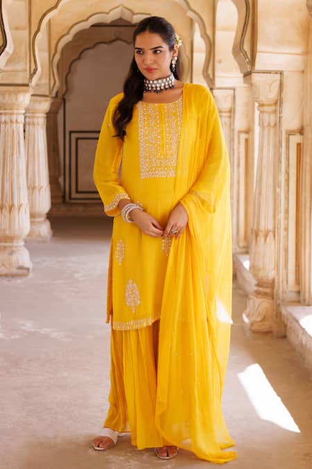 Buy_Bannhi By Priyanka Rathore_Yellow Silk, Chiffon Beads, Lace, Hand Embroidered Kurta Sharara And Dupatta Set _Online_at_Aza_Fashions