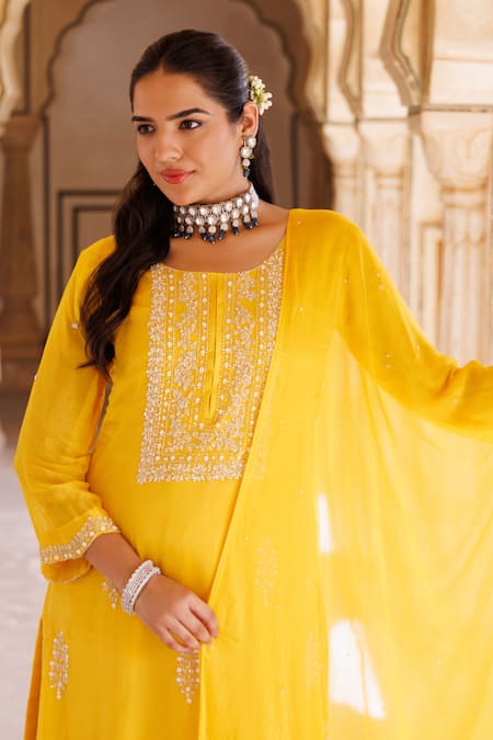 Shop_Bannhi By Priyanka Rathore_Yellow Silk, Chiffon Beads, Lace, Hand Embroidered Kurta Sharara And Dupatta Set _Online_at_Aza_Fashions
