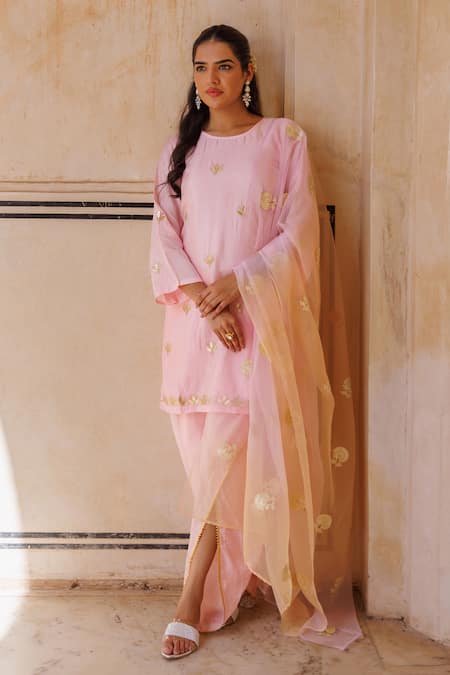 Buy Bannhi By Priyanka Rathore Pink Silk, Organza Gota Patti, Kurta And Dhoti Set With Dual-tone Dupatta Online at Aza Fashions Buy_Bannhi By Priyanka Rathore_Pink Silk, Organza Gota Patti, Kurta And Dhoti Set With Dual-tone Dupatta _Online_at_Aza_Fashions