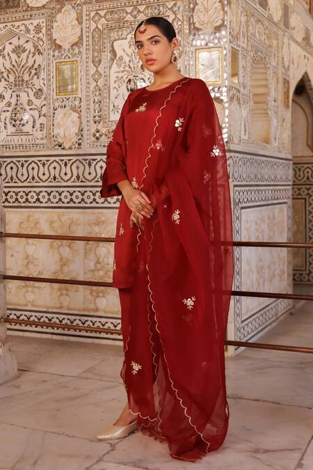 Shop_Bannhi By Priyanka Rathore_Maroon Silk, Organza Gota Patti, Mirrors, Sequins Kurta Dhoti Pant And Dupatta Set _Online_at_Aza_Fashions
