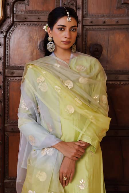 Shop_Bannhi By Priyanka Rathore_Green Silk, Organza Gota Patti, Embroidery Work Kurta Dhoti Pant And Dupatta Set _Online_at_Aza_Fashions