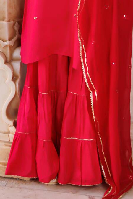 Bannhi By Priyanka Rathore_Magenta Silk, Georgette Embroidery, Mirrors, Hand Kurta Sharara And Work Dupatta _Online_at_Aza_Fashions