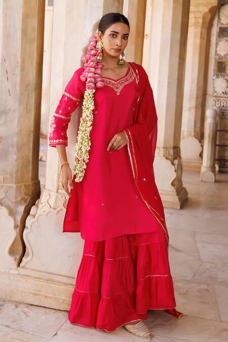 Buy_Bannhi By Priyanka Rathore_Magenta Silk, Georgette Embroidery, Mirrors, Hand Kurta Sharara And Work Dupatta _Online_at_Aza_Fashions