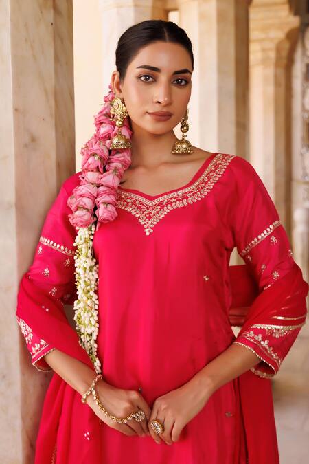 Shop_Bannhi By Priyanka Rathore_Magenta Silk, Georgette Embroidery, Mirrors, Hand Kurta Sharara And Work Dupatta _Online_at_Aza_Fashions